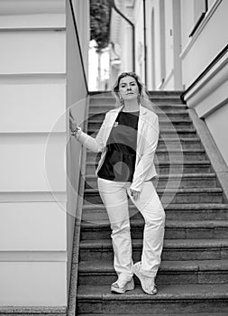 Fashion and beauty concept. Black and white portrait Ñonfident Ñaucasian woman